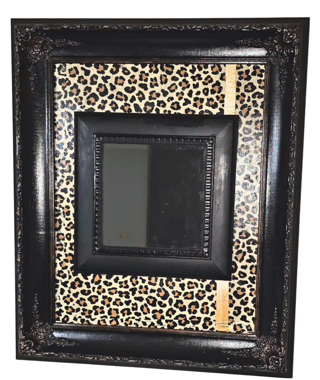 Unique Statement Wall Mirror – Black & Copper Frame with Leopard Inlay