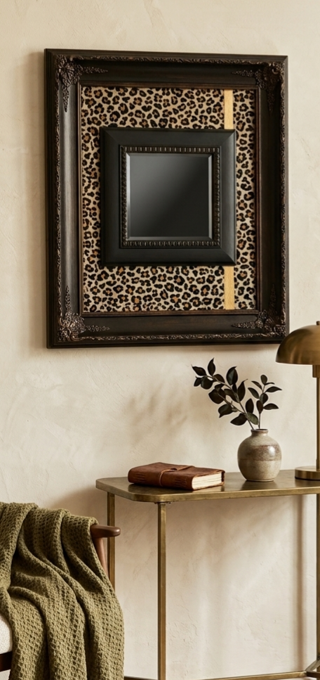 Unique Statement Wall Mirror – Black & Copper Frame with Leopard Inlay